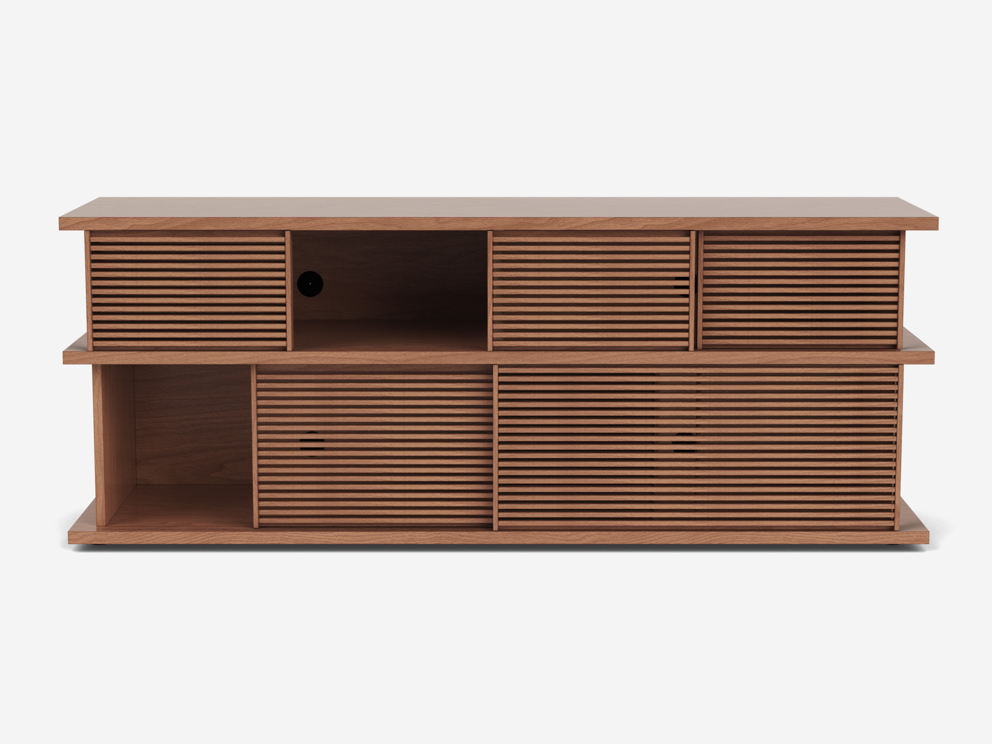 Front view of tall walnut media unit with slatted panels